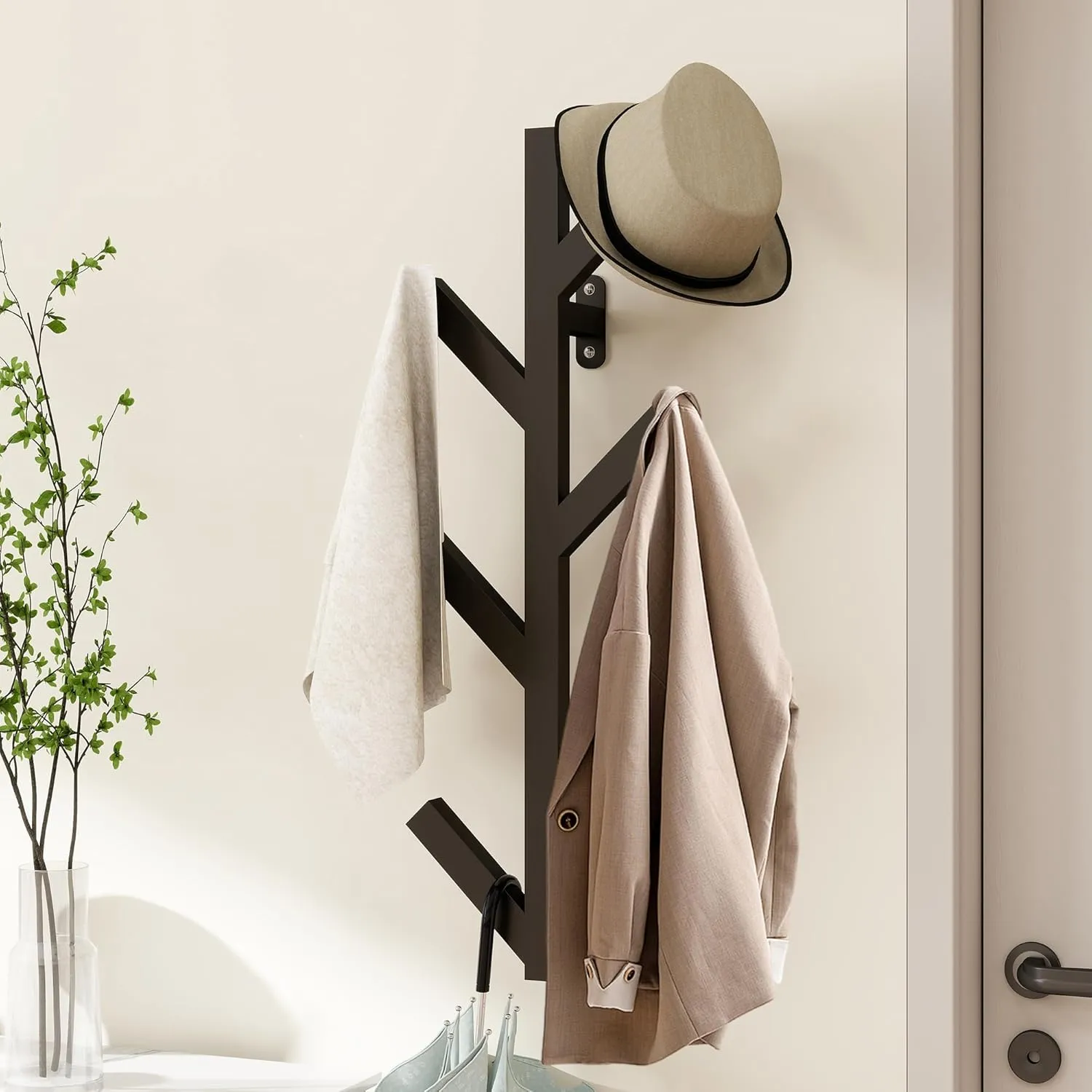 Vlush Modern Minimalist Wall Mounted Metal Coat Rack with 6 Hooks, Upright Coat Rack for Hanging Clothes, Hats, Bags and Scarves - Black