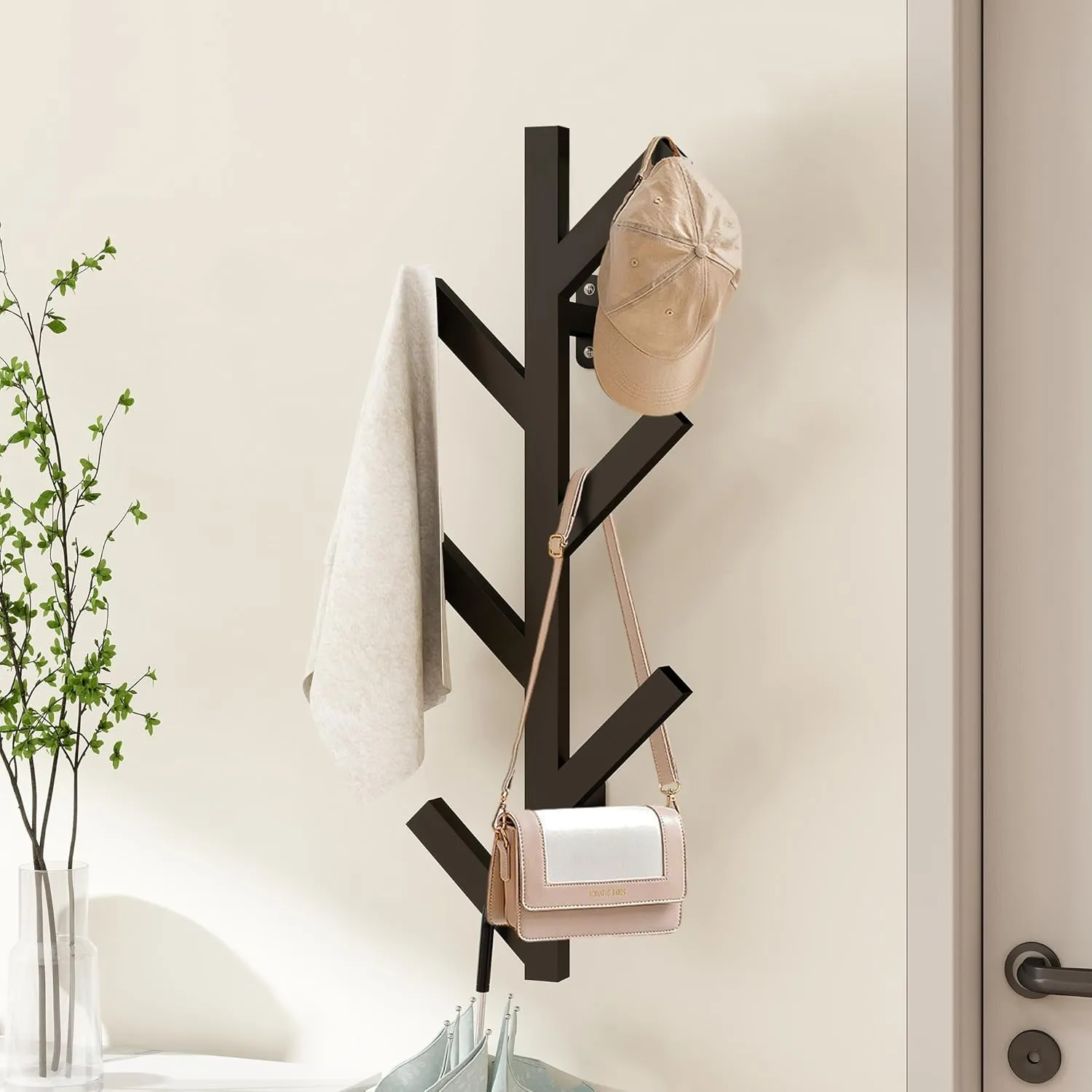 Vlush Modern Minimalist Wall Mounted Metal Coat Rack with 6 Hooks, Upright Coat Rack for Hanging Clothes, Hats, Bags and Scarves - Black