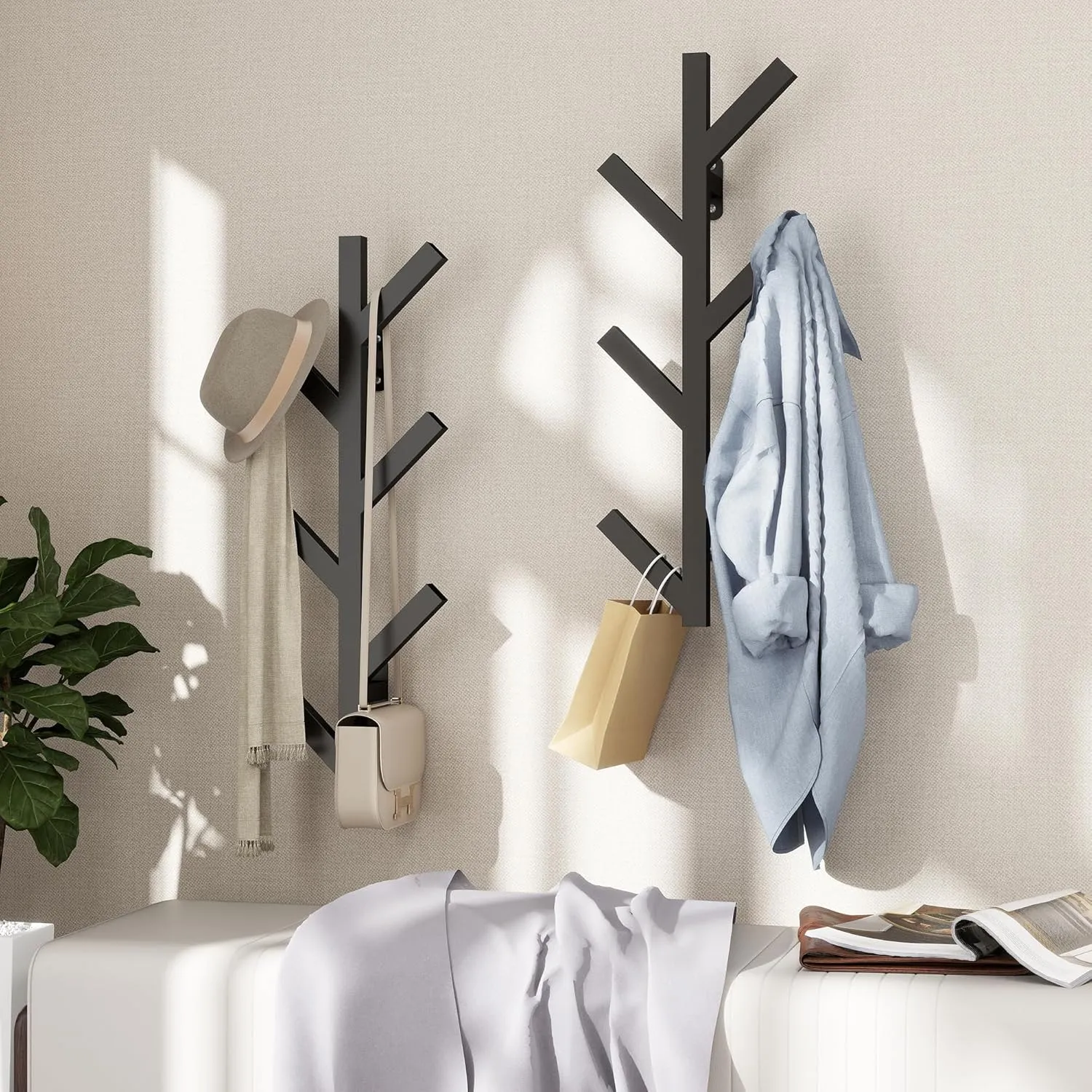 Vlush Modern Minimalist Wall Mounted Metal Coat Rack with 6 Hooks, Upright Coat Rack for Hanging Clothes, Hats, Bags and Scarves - Black