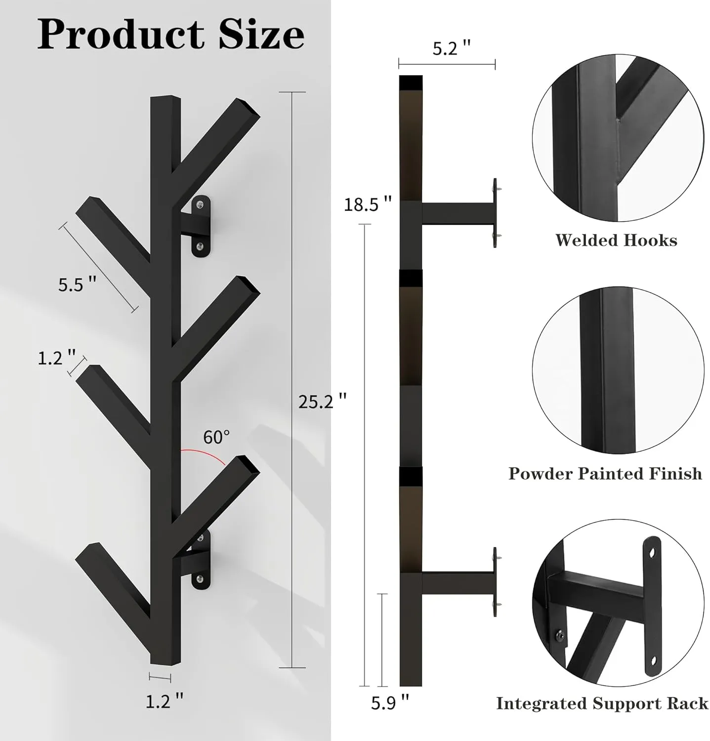 Vlush Modern Minimalist Wall Mounted Metal Coat Rack with 6 Hooks, Upright Coat Rack for Hanging Clothes, Hats, Bags and Scarves - Black