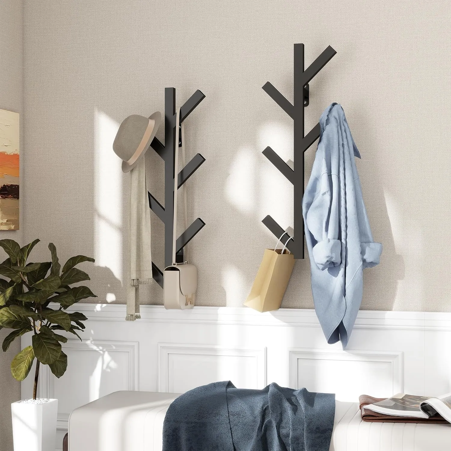 Vlush Modern Minimalist Wall Mounted Metal Coat Rack with 6 Hooks, Upright Coat Rack for Hanging Clothes, Hats, Bags and Scarves - Black