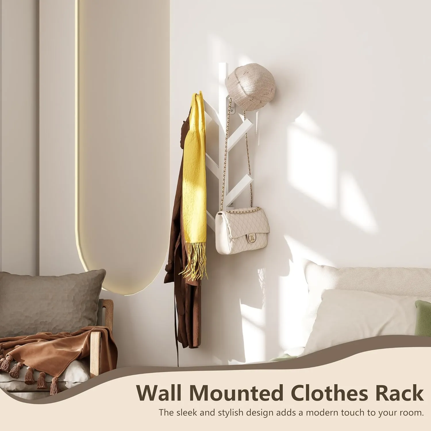 Vlush Wall Mounted Metal Coat Rack with 6 Hooks Modern Minimalist & Upright Coat Rack for Hanging Clothes, Hats, Hanging Bags and Scarves Entrance Wall Iron Coat Racks (White)