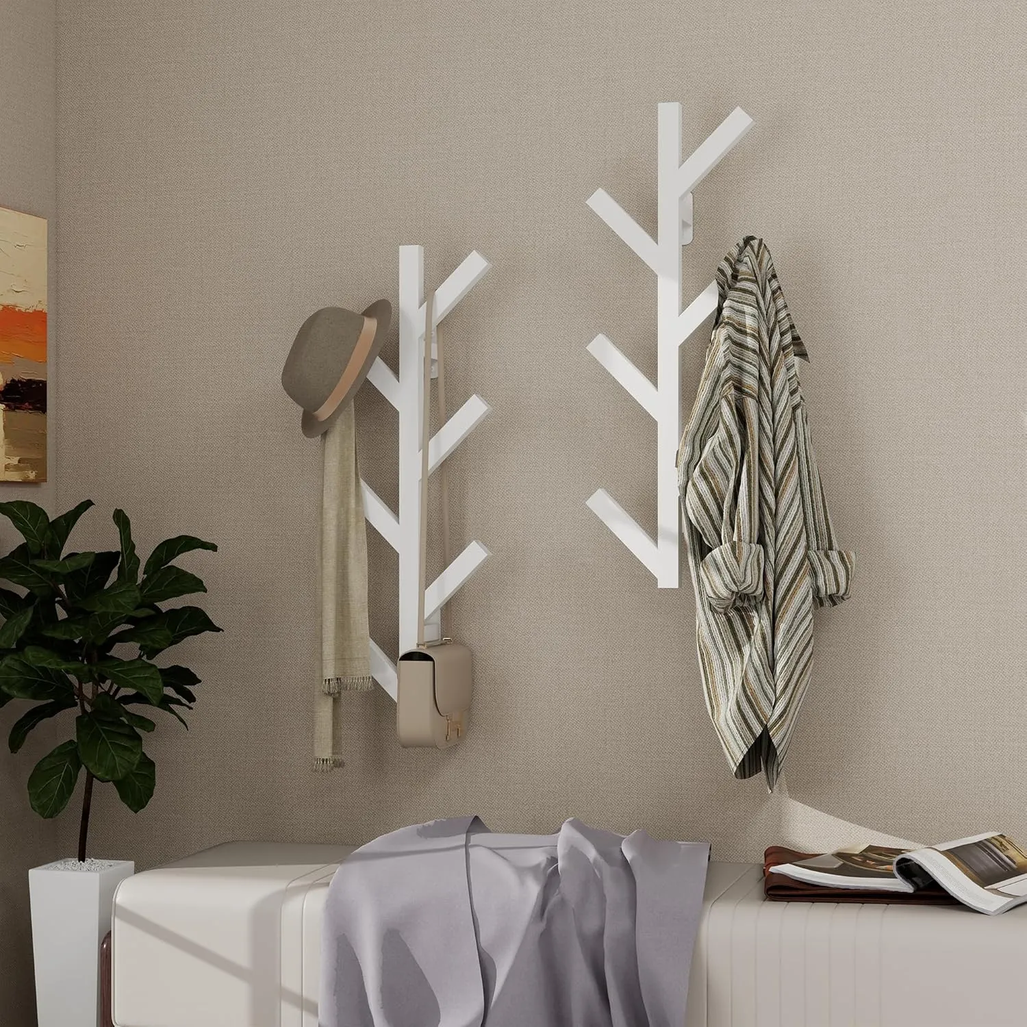 Vlush Wall Mounted Metal Coat Rack with 6 Hooks Modern Minimalist & Upright Coat Rack for Hanging Clothes, Hats, Hanging Bags and Scarves Entrance Wall Iron Coat Racks (White)