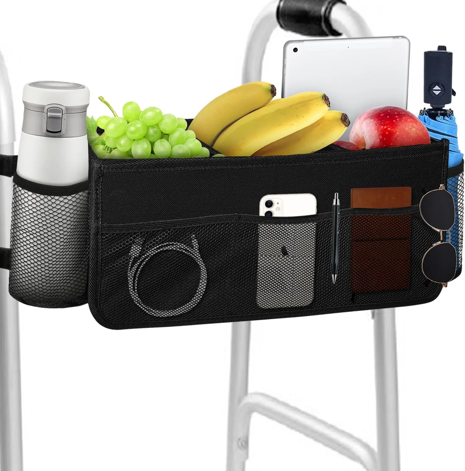 Walker Basket with Cup Holder, Walker Bags with 2 Dividers, Big Capacity Detachable for Family & Seniors