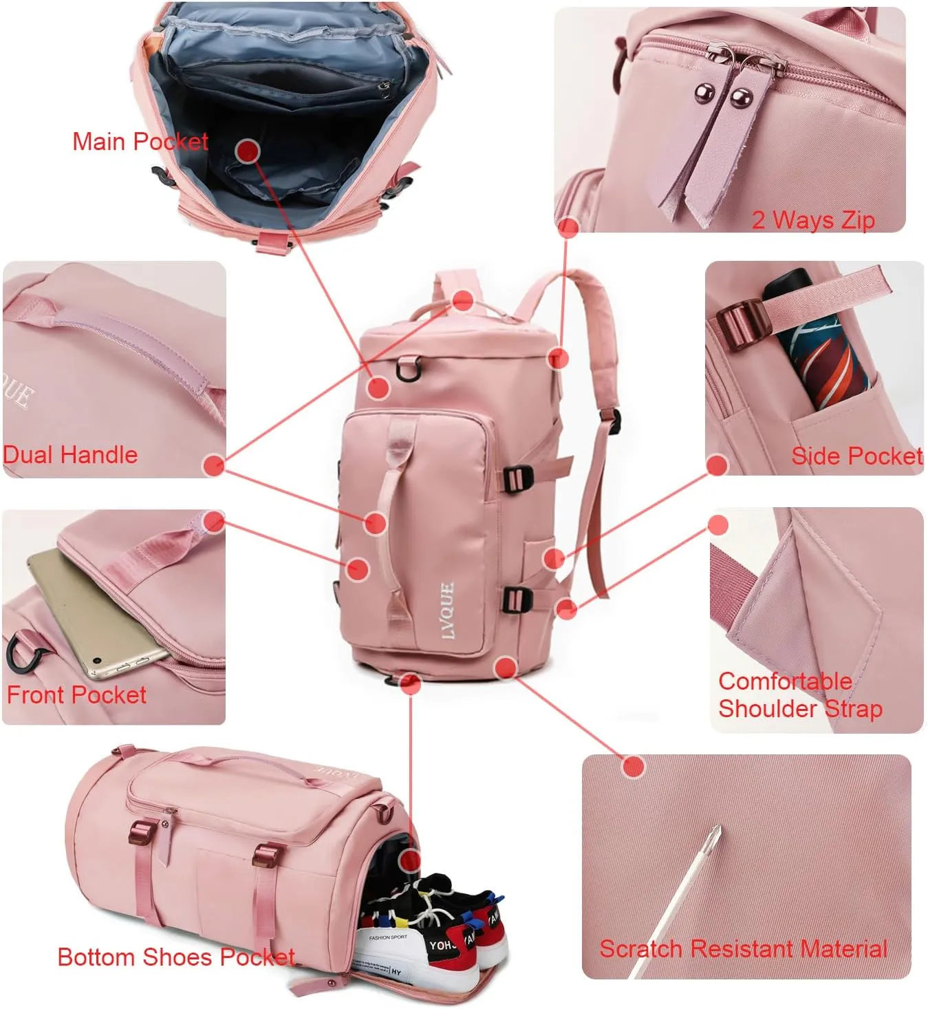 Weekender Duffel Sport Gym Bag Overnight Travel duffle Bags with Shoe Compartment Wet Pocket 2301D Pink