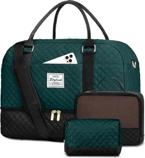 Weekender Travel Duffle Bag for Women: Overnight Bags with Shoe Compartment Carry on duffel Bag for Airplanes with 2 PCS Toiletry Bags Weekend Yoga Gym Hospital with Wet Pocket Black Green