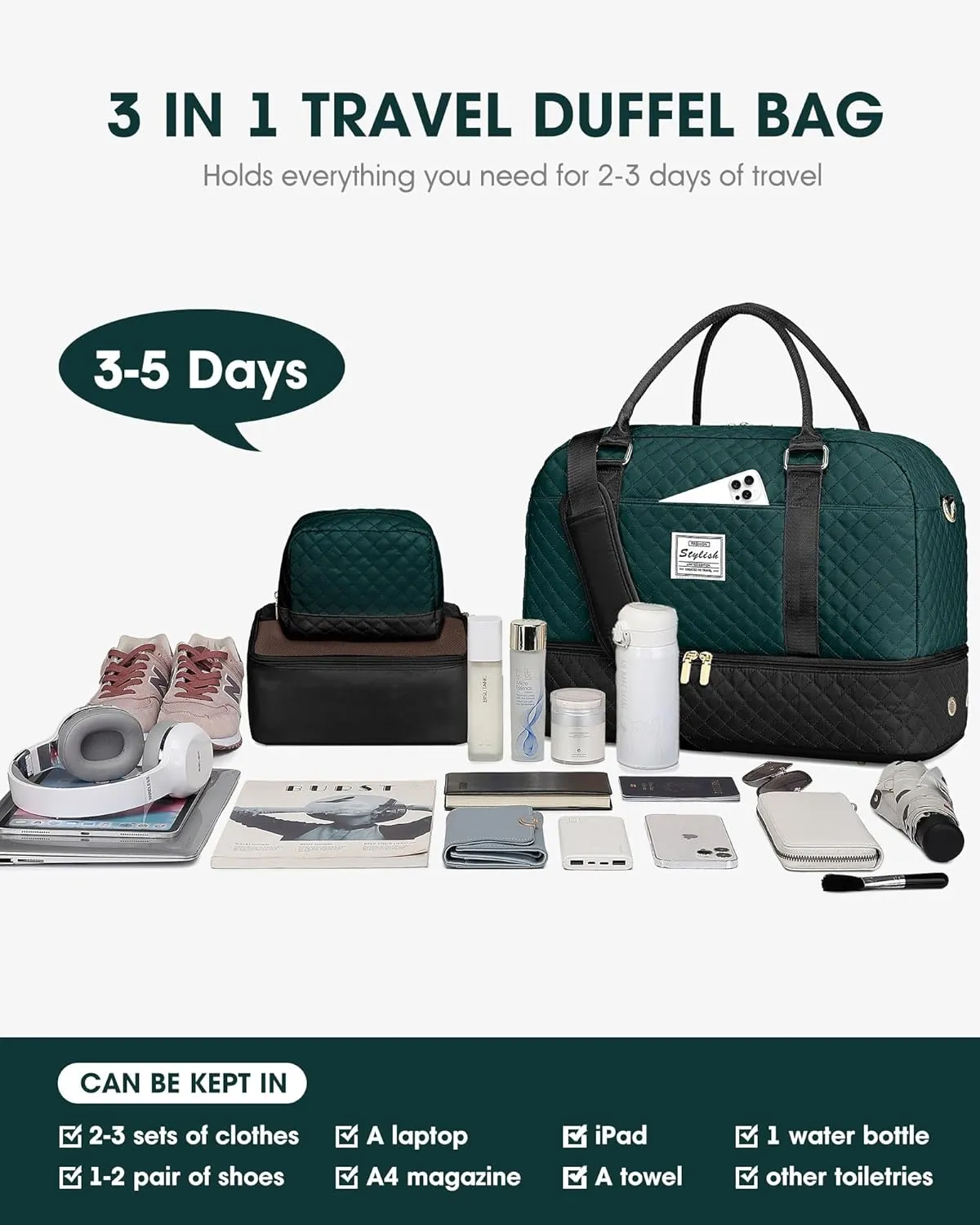 Weekender Travel Duffle Bag for Women: Overnight Bags with Shoe Compartment Carry on duffel Bag for Airplanes with 2 PCS Toiletry Bags Weekend Yoga Gym Hospital with Wet Pocket Black Green
