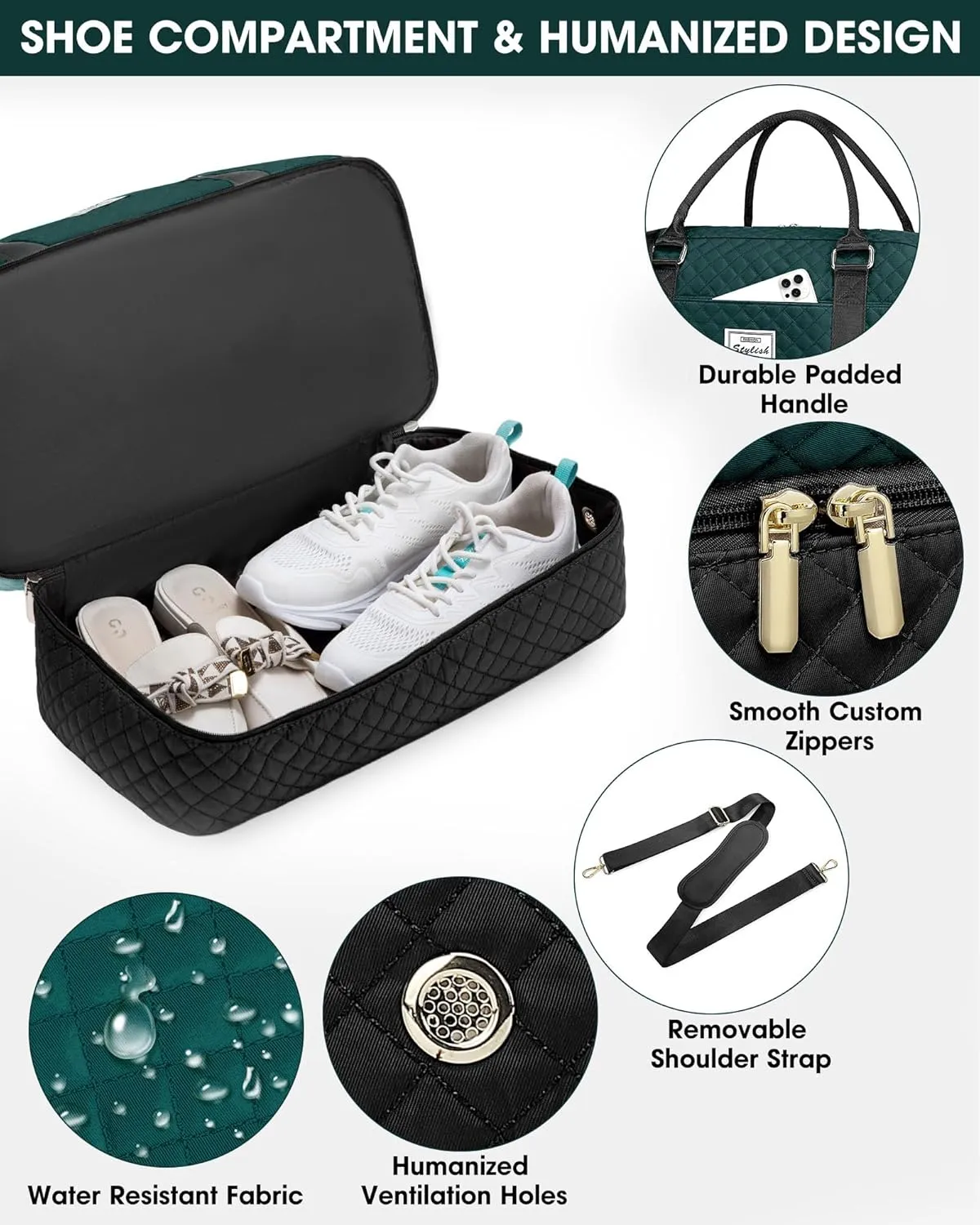 Weekender Travel Duffle Bag for Women: Overnight Bags with Shoe Compartment Carry on duffel Bag for Airplanes with 2 PCS Toiletry Bags Weekend Yoga Gym Hospital with Wet Pocket Black Green