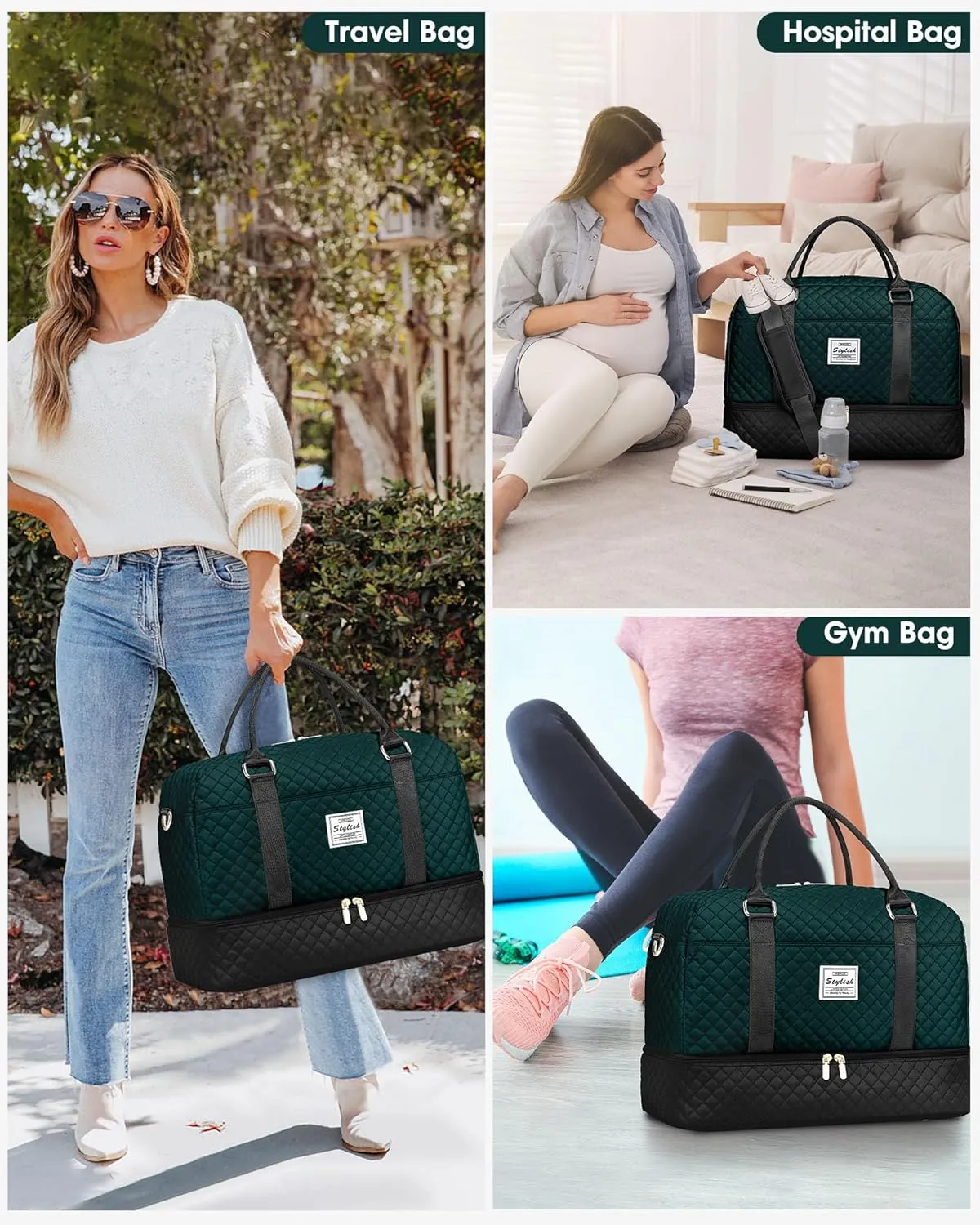 Weekender Travel Duffle Bag for Women: Overnight Bags with Shoe Compartment Carry on duffel Bag for Airplanes with 2 PCS Toiletry Bags Weekend Yoga Gym Hospital with Wet Pocket Black Green