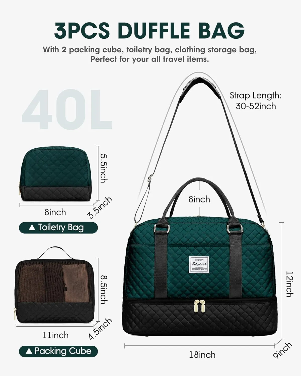 Weekender Travel Duffle Bag for Women: Overnight Bags with Shoe Compartment Carry on duffel Bag for Airplanes with 2 PCS Toiletry Bags Weekend Yoga Gym Hospital with Wet Pocket Black Green
