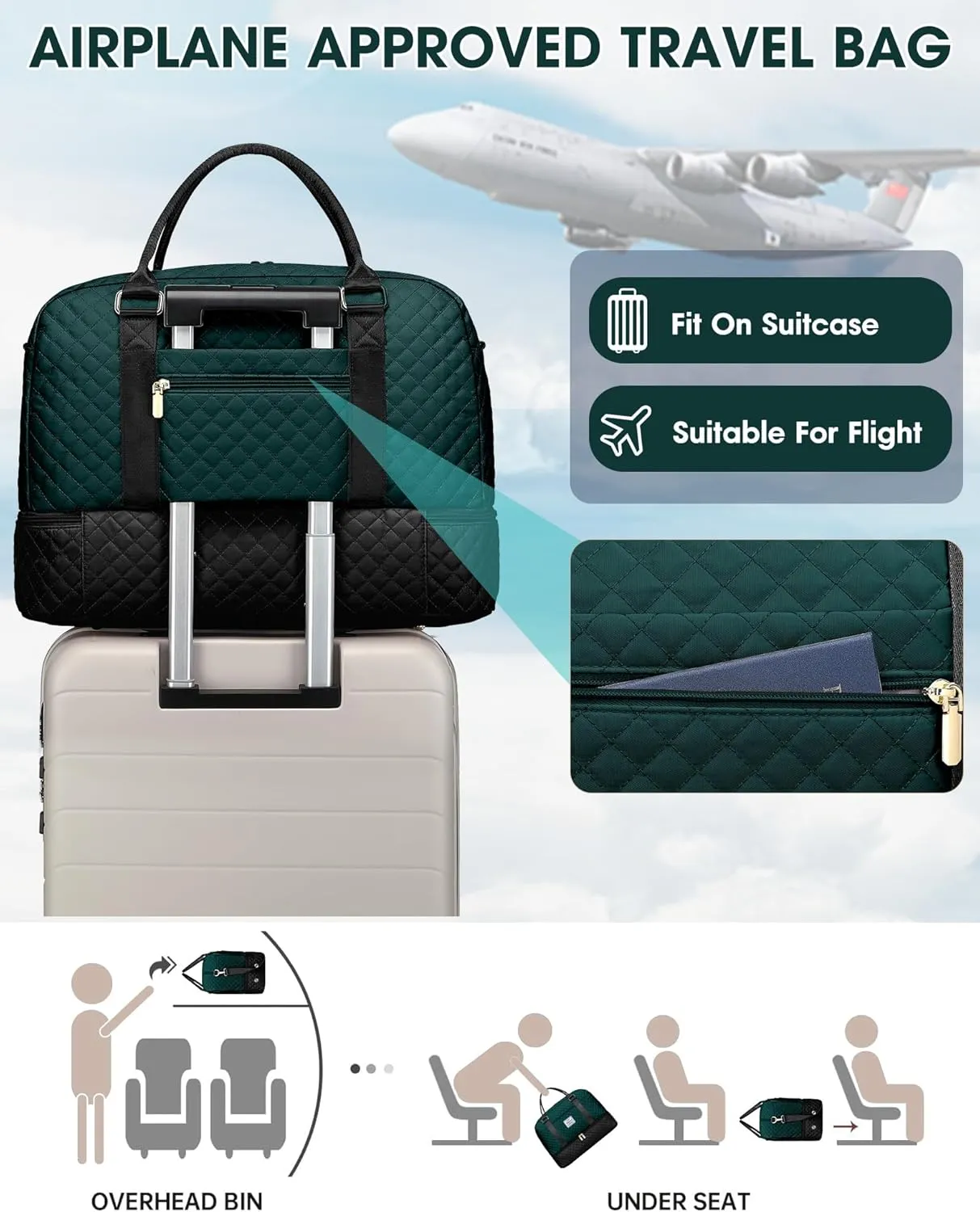 Weekender Travel Duffle Bag for Women: Overnight Bags with Shoe Compartment Carry on duffel Bag for Airplanes with 2 PCS Toiletry Bags Weekend Yoga Gym Hospital with Wet Pocket Black Green