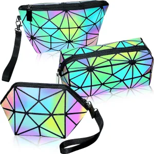 Weewooday 3 Pieces Makeup Bags for Women, Portable Travel Cosmetic Bag Organizer Case with Wrist Strap Toiletry Bags Holographic Luminous Geometric and Reflective Foldable Makeup Bags