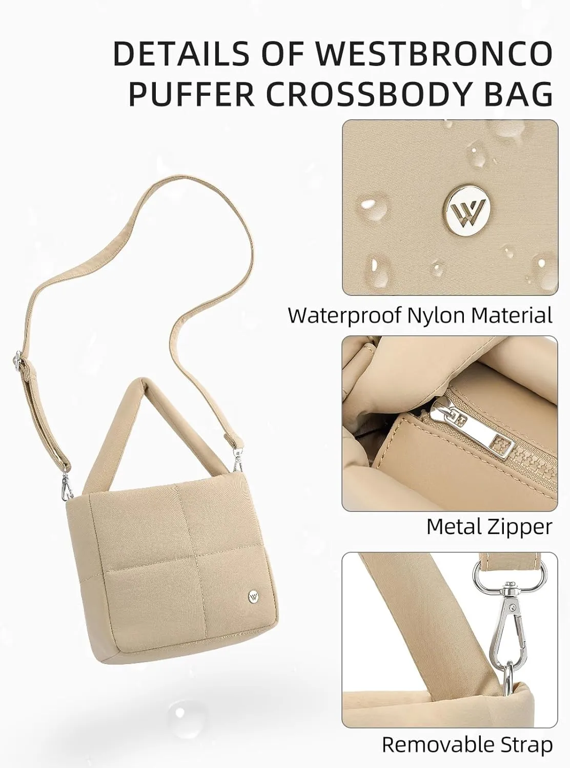WESTBRONCO Puffer Crossbody Bags for Women, Nylon Quilted Shoulder Purse Designer Handbags with Adjustable & Detachable Strap