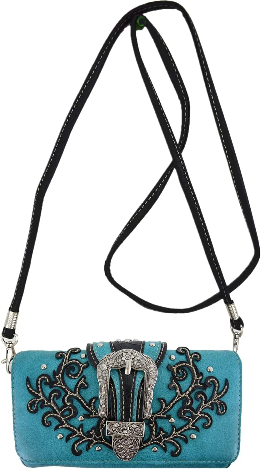 Western Style Tooled Leather Buckle Concealed Carry Purse Country Handbag Women Shoulder Bag Wallet Set