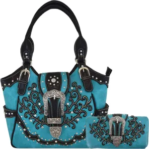 Western Style Tooled Leather Buckle Concealed Carry Purse Country Handbag Women Shoulder Bag Wallet Set