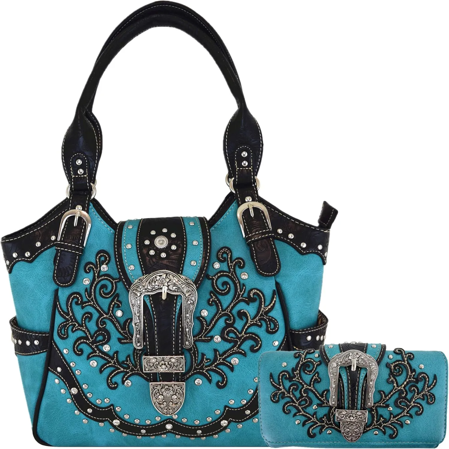 Western Style Tooled Leather Buckle Concealed Carry Purse Country Handbag Women Shoulder Bag Wallet Set