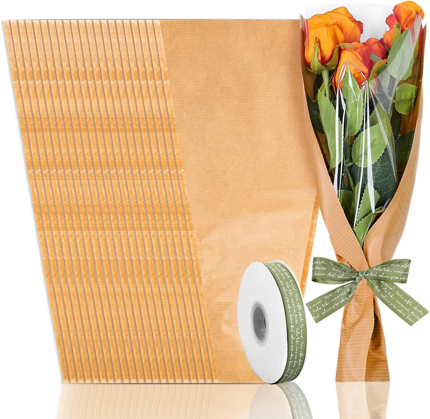 Whaline 50 Pcs Flower Wrapping Bags with Sage Green Ribbon Mother's Day Clear Floral Bouquet Cellophane Sleeves Brown Florist Packaging Supplies for Wedding Graduation Anniversary, 17.9x9.8x3.9 Inch