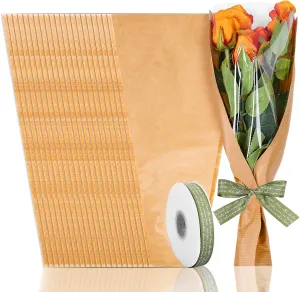 Whaline 50 Pcs Flower Wrapping Bags with Sage Green Ribbon Mother's Day Clear Floral Bouquet Cellophane Sleeves Brown Florist Packaging Supplies for Wedding Graduation Anniversary, 17.9x9.8x3.9 Inch