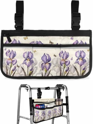 Wheelchair Side Storage Bag, Walker Bags for Folding Walker Vintage Butterfly American Idyllic Purple Iris Flower Wheelchair Backpack, Wheelchair Carrier/Mobility Scooter Accessories 7.3x13 inch