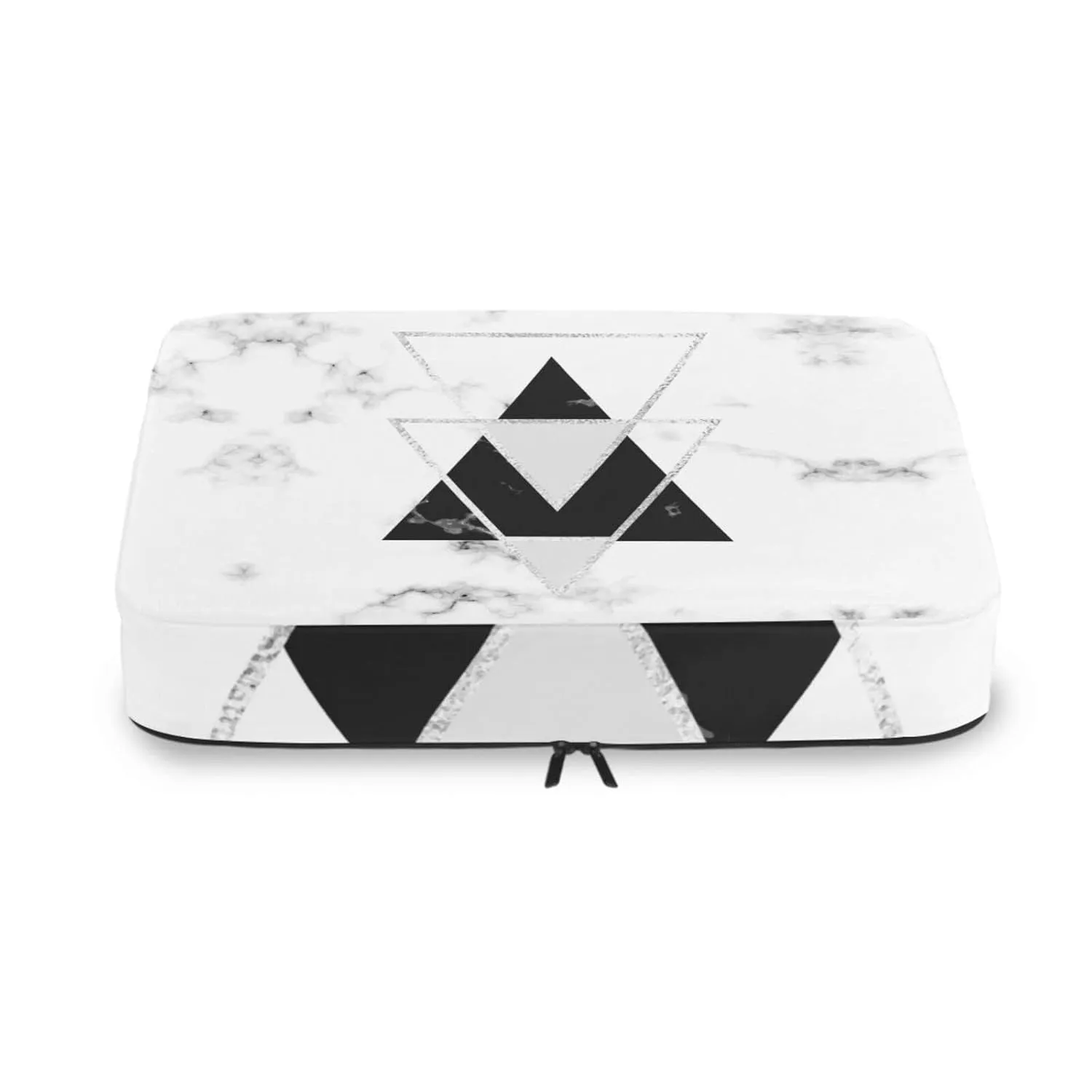 White Black Geometric Triangles with Silver Lines White Marble 4 Set Packing Cubes, Travel Packing Organizers, 600D Oxford Cloth Toiletry Storage Bag, Luggage Mesh Bags for Accessories