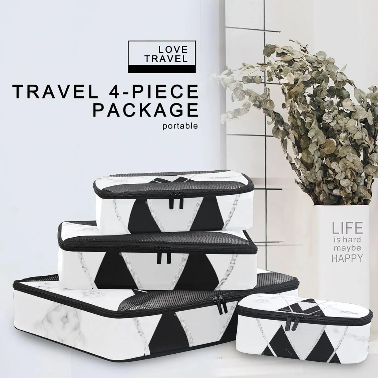 White Black Geometric Triangles with Silver Lines White Marble 4 Set Packing Cubes, Travel Packing Organizers, 600D Oxford Cloth Toiletry Storage Bag, Luggage Mesh Bags for Accessories