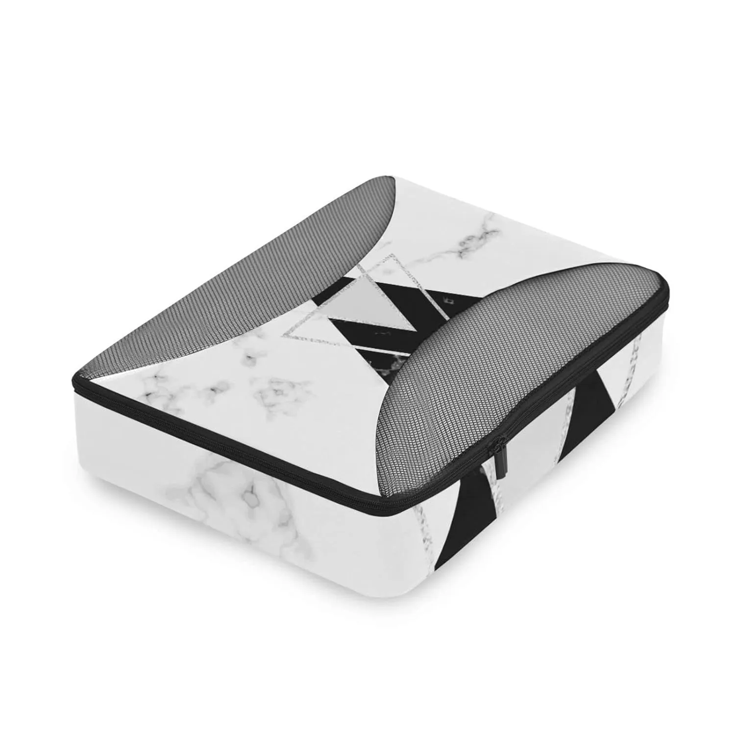 White Black Geometric Triangles with Silver Lines White Marble 4 Set Packing Cubes, Travel Packing Organizers, 600D Oxford Cloth Toiletry Storage Bag, Luggage Mesh Bags for Accessories