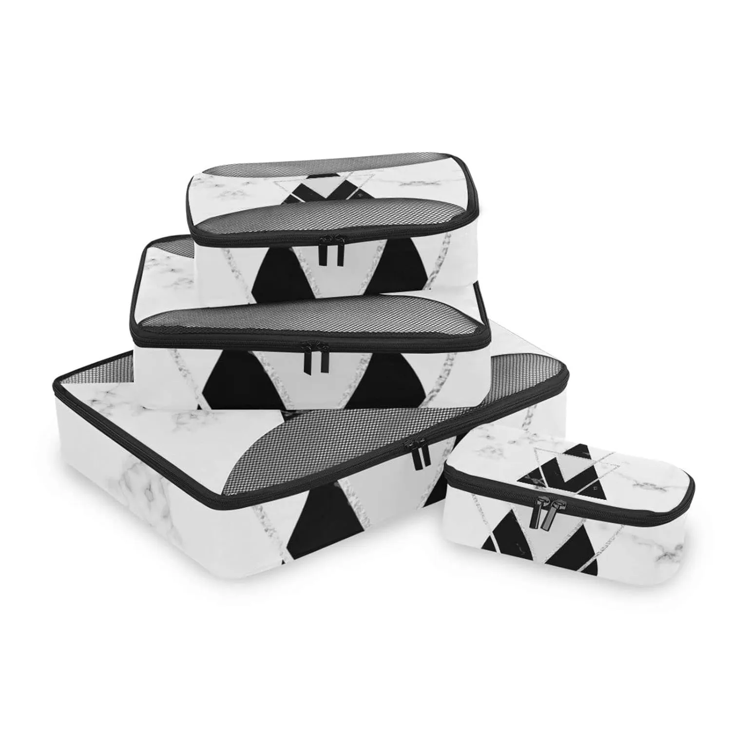 White Black Geometric Triangles with Silver Lines White Marble 4 Set Packing Cubes, Travel Packing Organizers, 600D Oxford Cloth Toiletry Storage Bag, Luggage Mesh Bags for Accessories