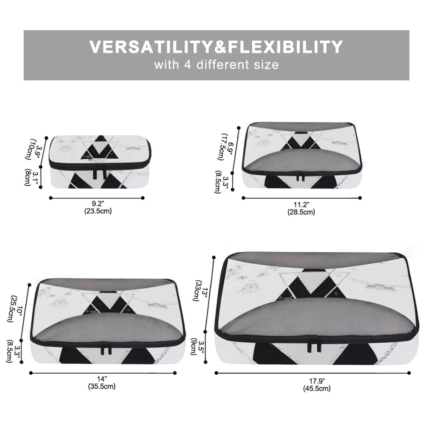 White Black Geometric Triangles with Silver Lines White Marble 4 Set Packing Cubes, Travel Packing Organizers, 600D Oxford Cloth Toiletry Storage Bag, Luggage Mesh Bags for Accessories
