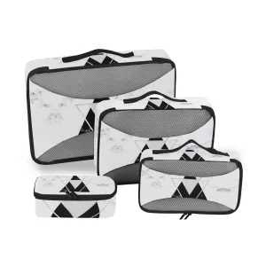 White Black Geometric Triangles with Silver Lines White Marble 4 Set Packing Cubes, Travel Packing Organizers, 600D Oxford Cloth Toiletry Storage Bag, Luggage Mesh Bags for Accessories