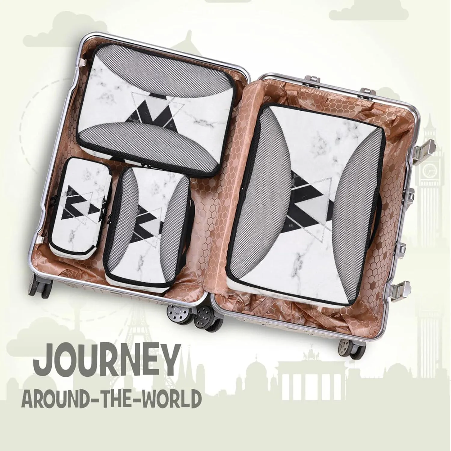 White Black Geometric Triangles with Silver Lines White Marble 4 Set Packing Cubes, Travel Packing Organizers, 600D Oxford Cloth Toiletry Storage Bag, Luggage Mesh Bags for Accessories