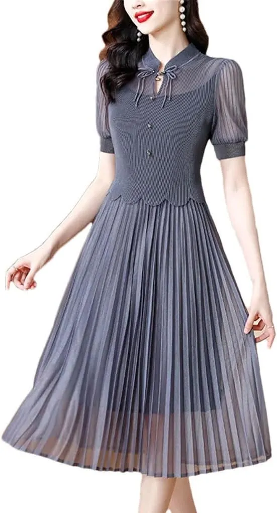 Women Chinese Style Elegant High Waist Dress Summer Short Sleeve Casual Bodycon Evening Dress