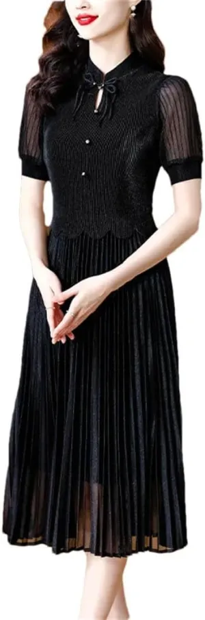 Women Chinese Style Elegant High Waist Dress Summer Short Sleeve Casual Bodycon Evening Dress