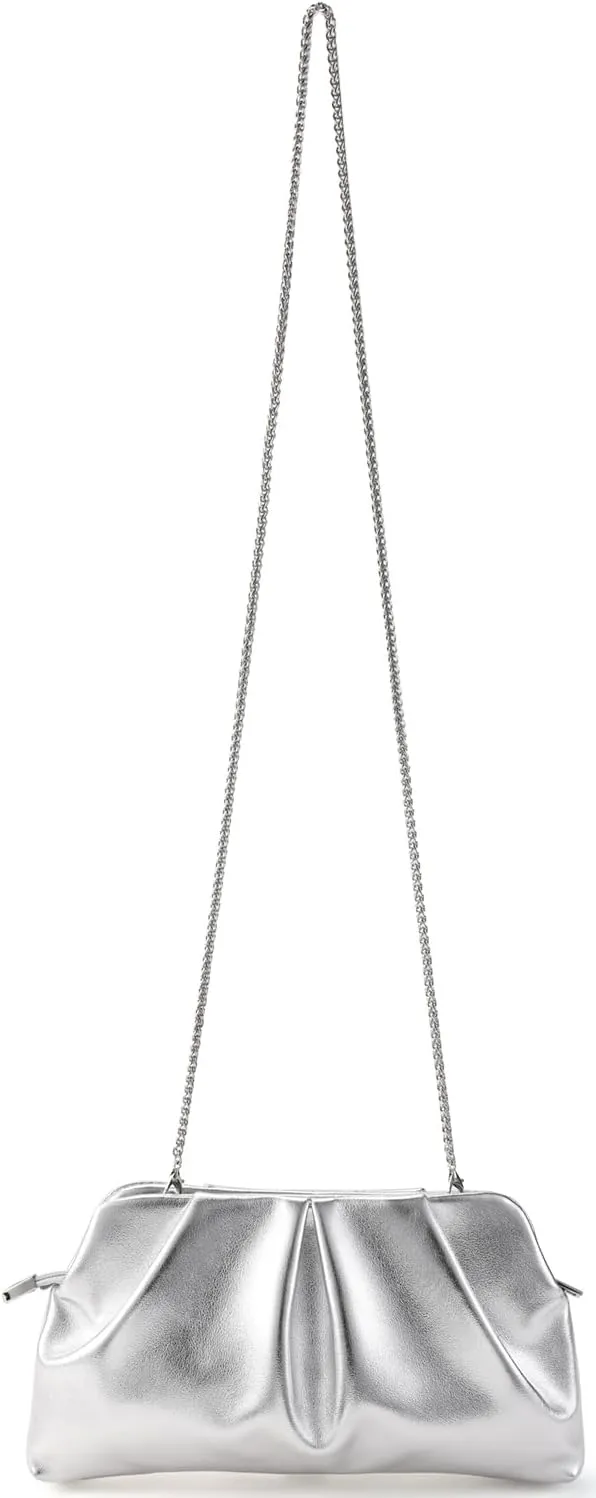 Women Clutch Bag Dressy Formal Handbag Pleated PU Clutch Purse Detachable Chain Crossbody Bag