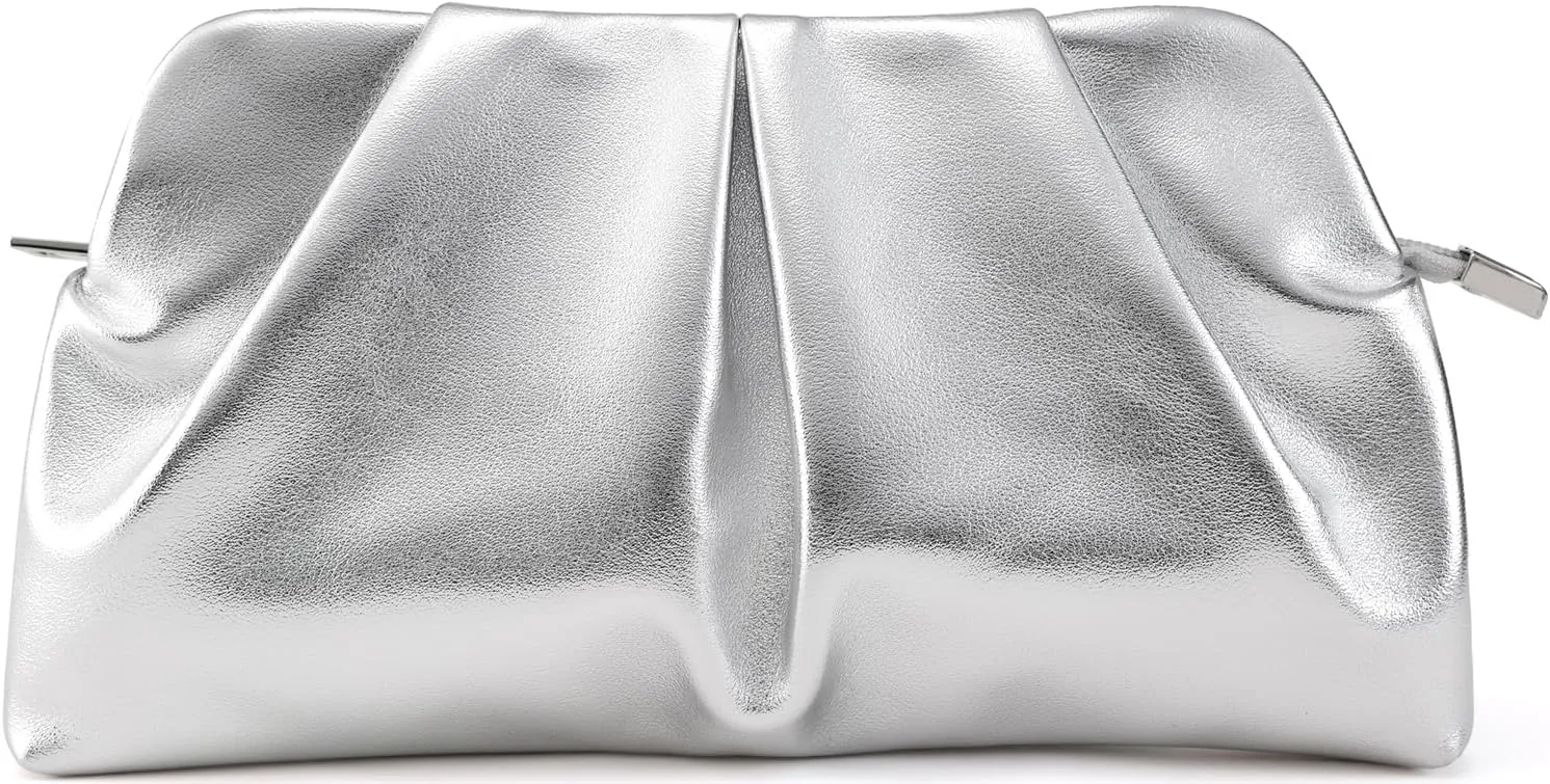 Women Clutch Bag Dressy Formal Handbag Pleated PU Clutch Purse Detachable Chain Crossbody Bag