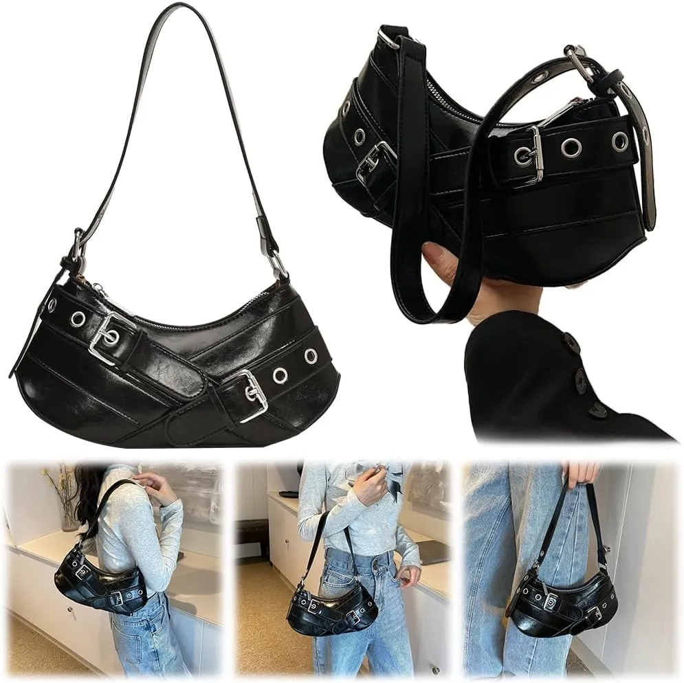 Women PU Leather Punk Shoulder Bag Y2K Crossbody Bag Vintage Clutch Purse Adjustable Strap Armpit Bag for Vacation T