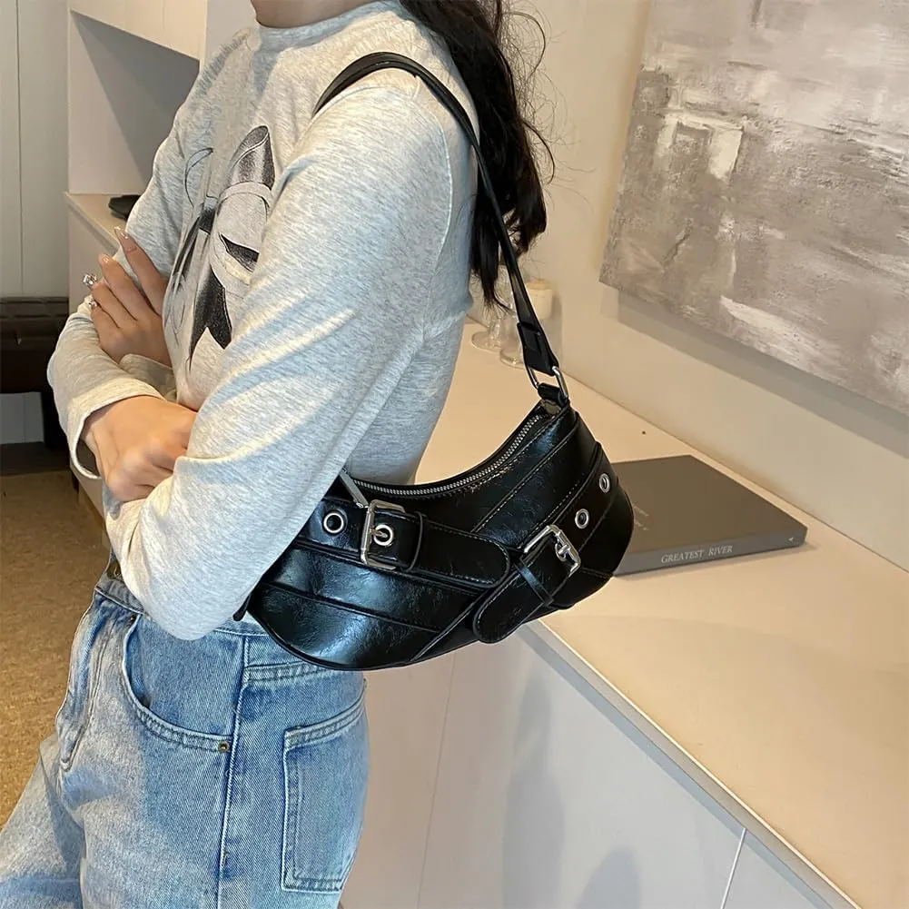 Women PU Leather Punk Shoulder Bag Y2K Crossbody Bag Vintage Clutch Purse Adjustable Strap Armpit Bag for Vacation T