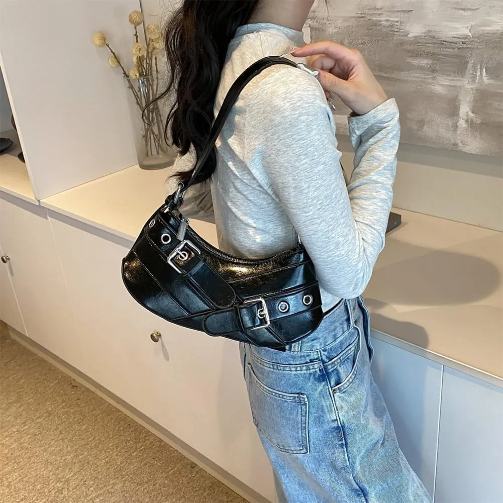 Women PU Leather Punk Shoulder Bag Y2K Crossbody Bag Vintage Clutch Purse Adjustable Strap Armpit Bag for Vacation T