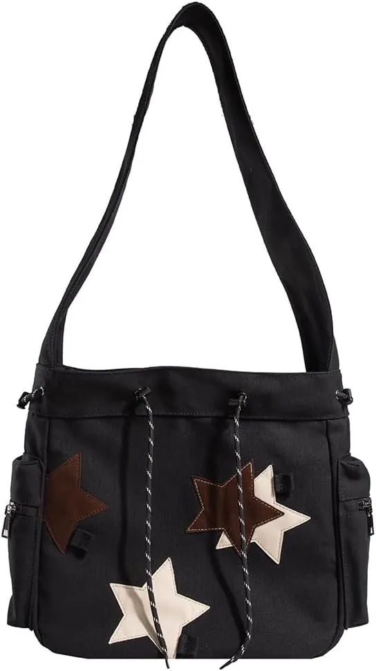 Women Versatile Hobo Bags Large Capacity Canvas Daily Shopping Bag Star Applique Y2K Street Style Bag for Teens S