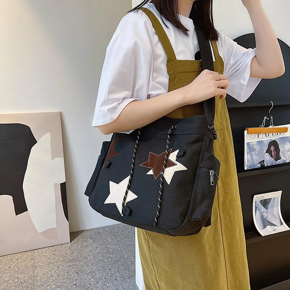 Women Versatile Hobo Bags Large Capacity Canvas Daily Shopping Bag Star Applique Y2K Street Style Bag for Teens S