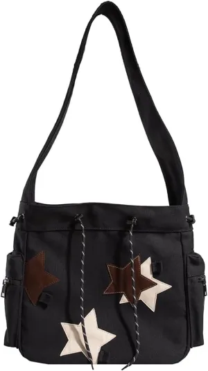 Women Versatile Hobo Bags Large Capacity Canvas Daily Shopping Bag Star Applique Y2K Street Style Bag for Teens S
