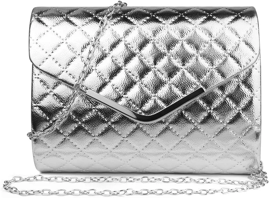 Womens Chic Quilted Evening Clutch Crossbody Handbag with Chain Strap