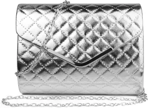 Womens Chic Quilted Evening Clutch Crossbody Handbag with Chain Strap