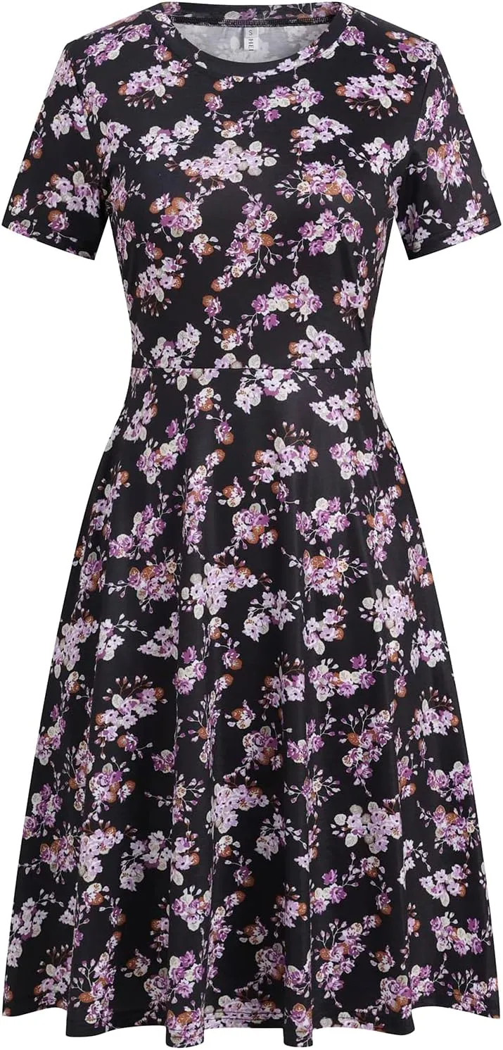 Women's Elegant Vintage 50s Office Casual Floral Print Work Party A-Line Swing Dress with Pockets 162