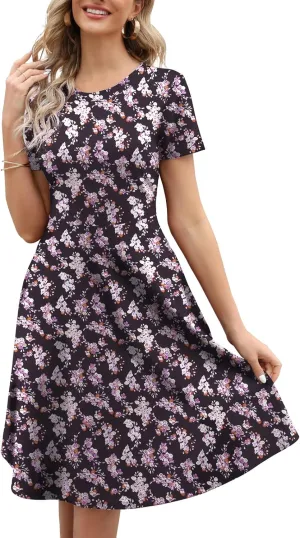 Women's Elegant Vintage 50s Office Casual Floral Print Work Party A-Line Swing Dress with Pockets 162