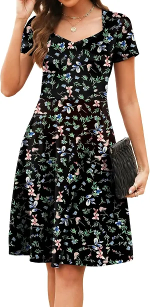 Women's Elegant Vintage Summer Sweetheart Neck Short Sleeve Casual Work Party Business A-Line Dress 163