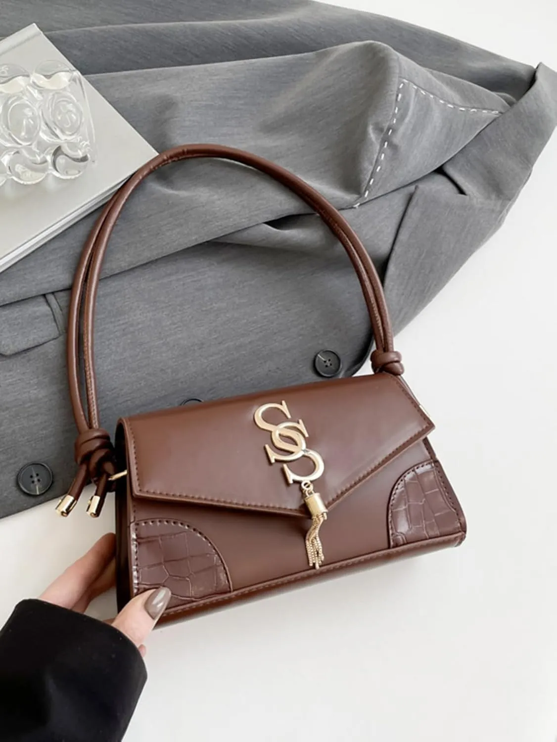 Women’s Letter Tassel Flap Square Handbags Elegant Shoulder Underarm Bags Small Purse