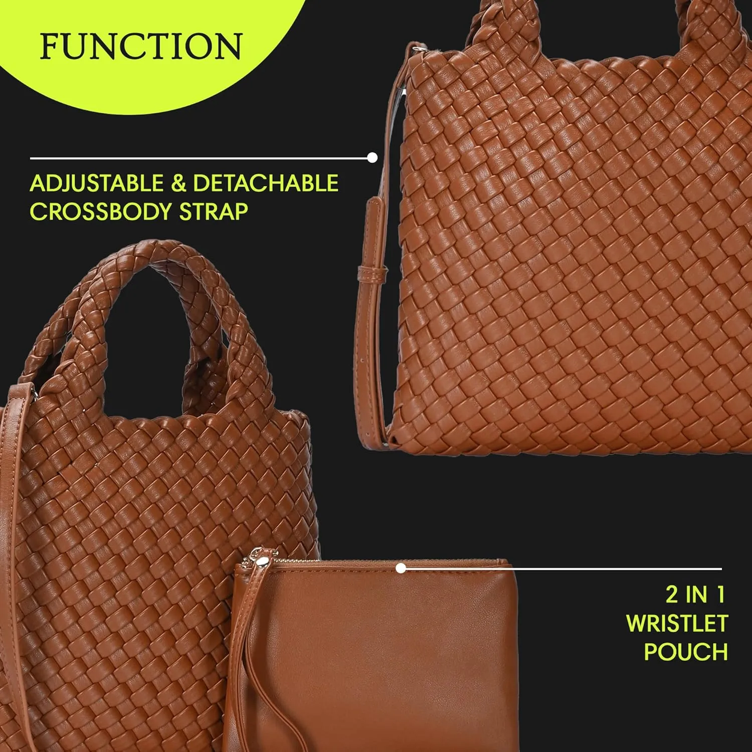 Women's Melody 2-in-1 Woven, Shoulder Bags for Women, Stylish Pouch Wristlet, Vegan Leather, Light Gold Hardware