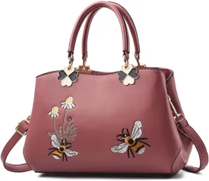Women's PU Elegant Shoulder Bags Wild Handbags Satchel Embroidery Bee Flower Crossbody Purse