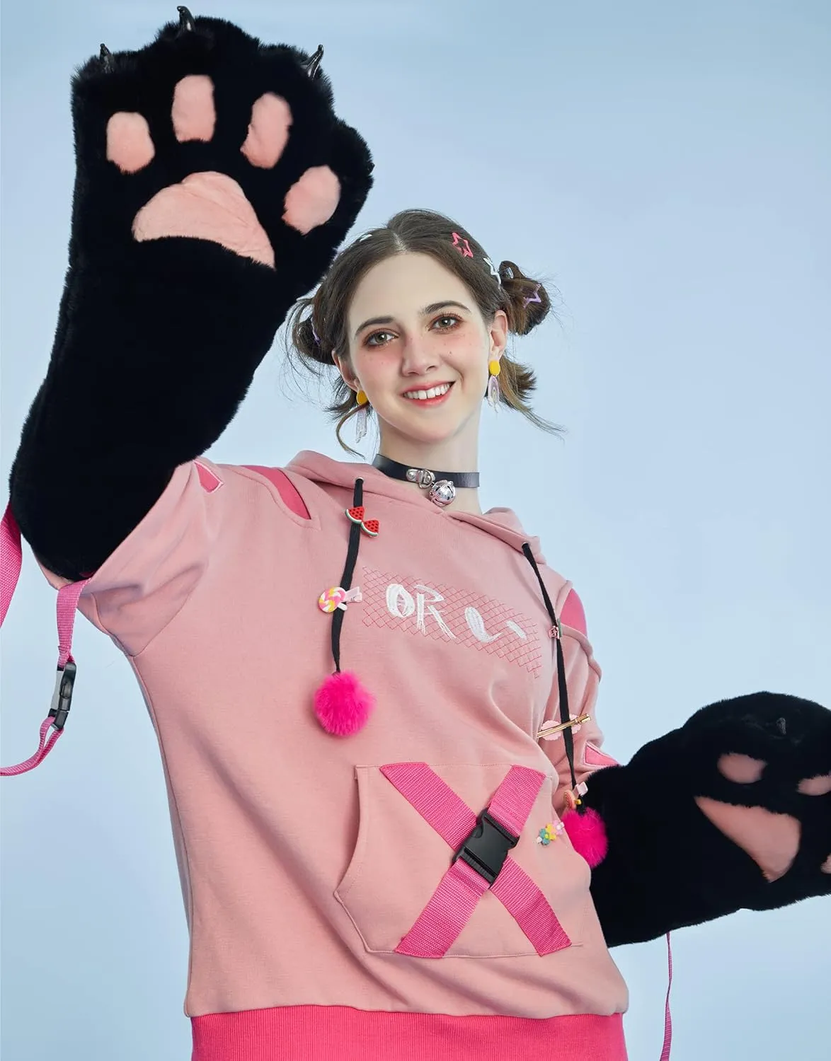 Womens Pullover Hoodie with Detachable Bag Design Furry Cat Paw Gloves