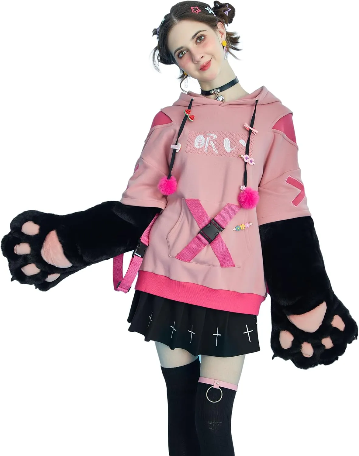Womens Pullover Hoodie with Detachable Bag Design Furry Cat Paw Gloves